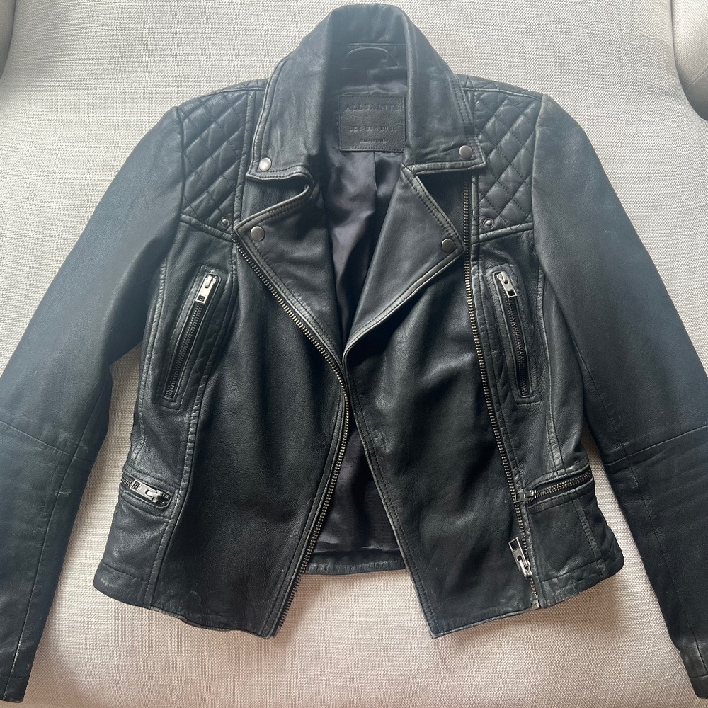 All Saints Cargo Distressed Leather Biker Jacket (Size 4 US)
